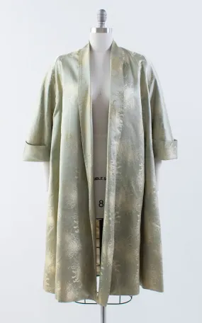 1950s Chrysanthemum Silk Satin Green Swing Coat | medium