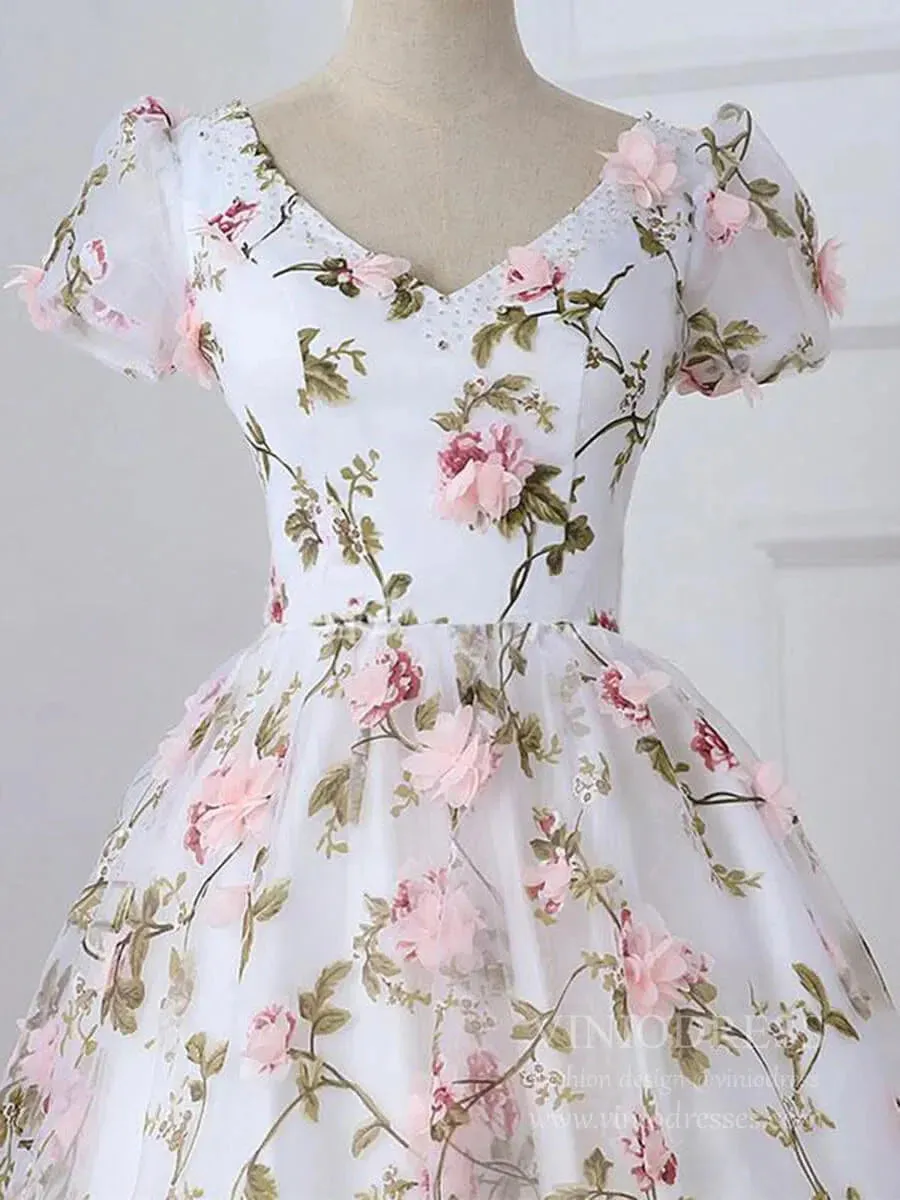 3D Floral Prom Dresses for Teens V-neck Flower Blossom Ball Gowns FD1685