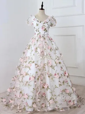 3D Floral Prom Dresses for Teens V-neck Flower Blossom Ball Gowns FD1685