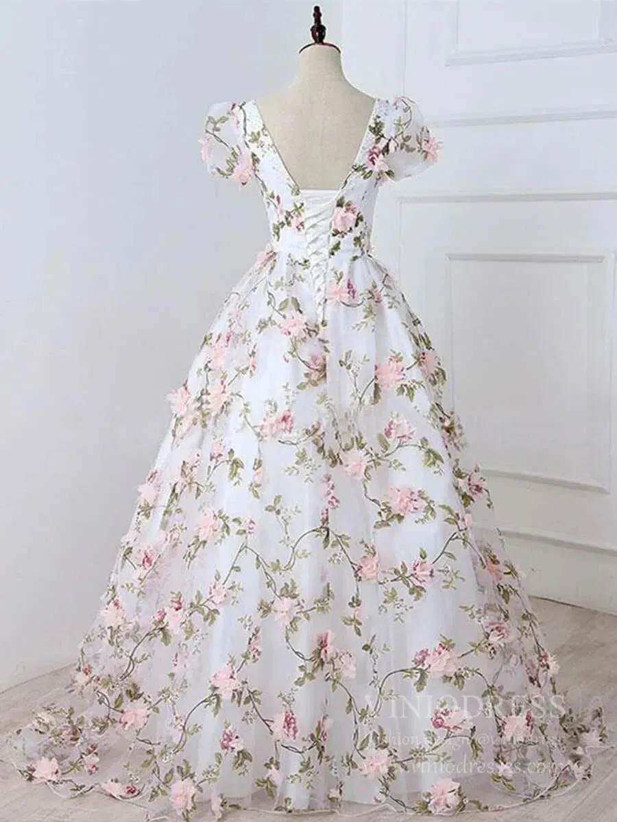 3D Floral Prom Dresses for Teens V-neck Flower Blossom Ball Gowns FD1685