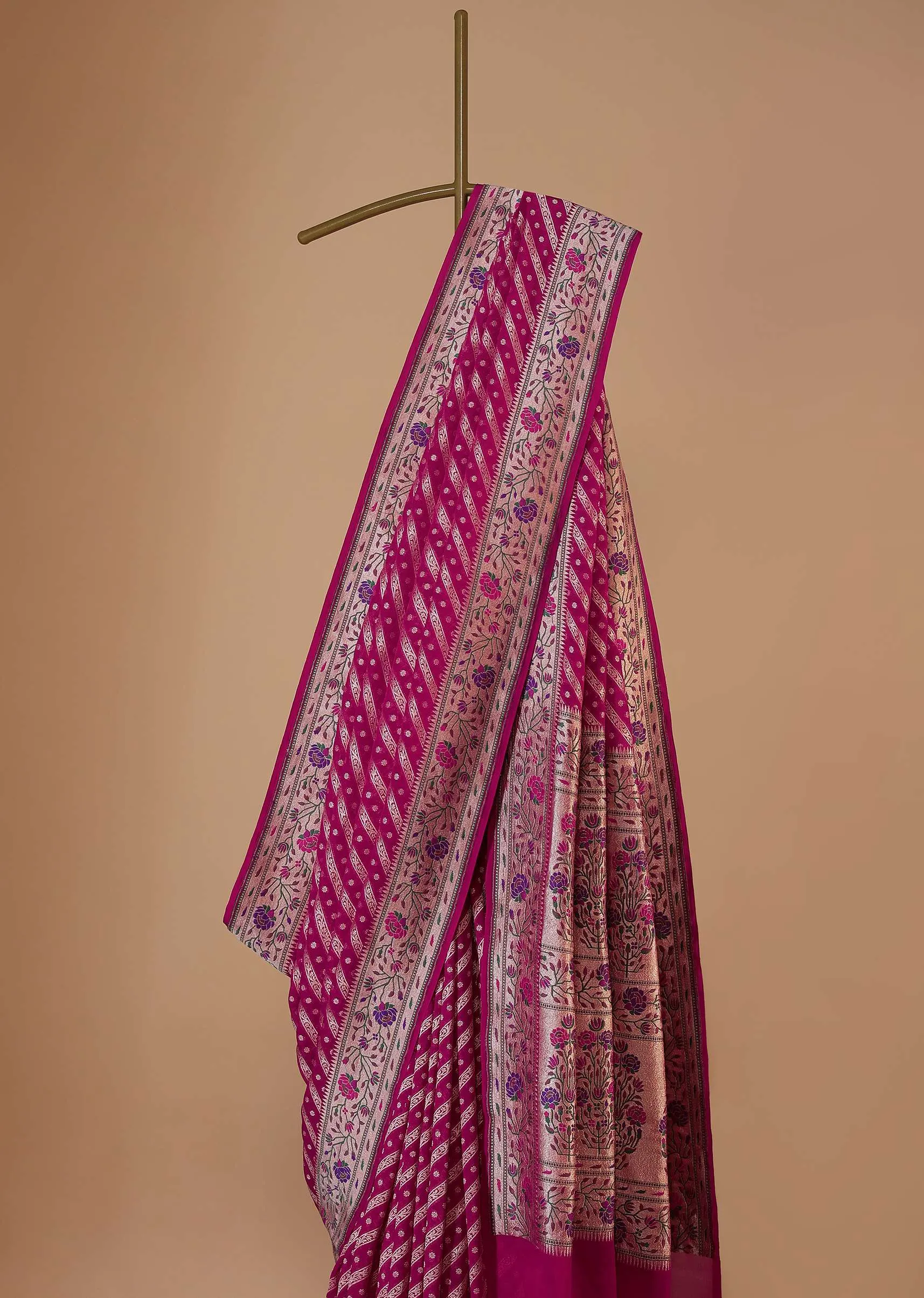 Azalea Pink Saree In Georgette With Banarasi Zari With Meena Work Border And An Unstitched Blouse