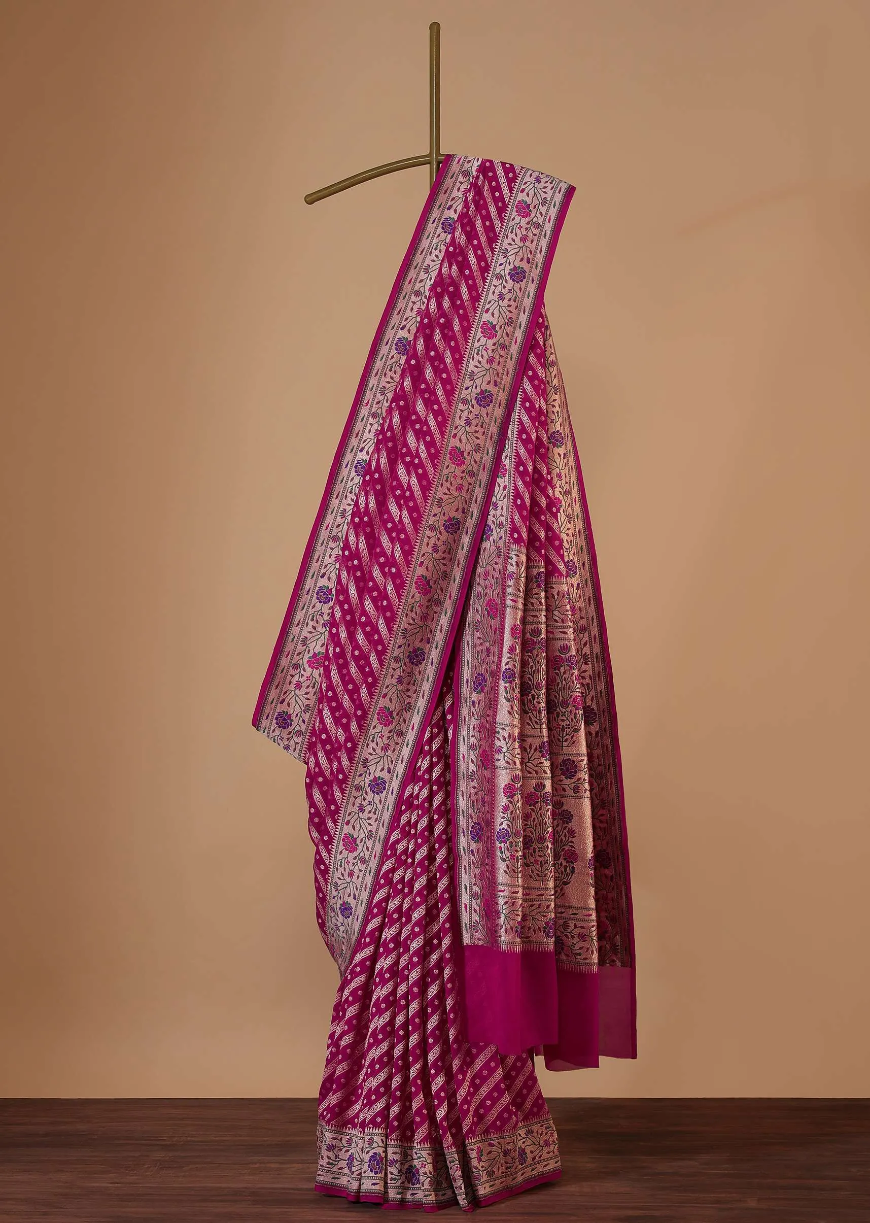 Azalea Pink Saree In Georgette With Banarasi Zari With Meena Work Border And An Unstitched Blouse