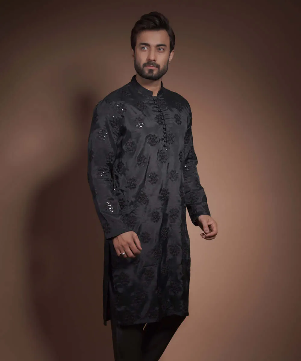 Black shiny Raw Silk Kurta with Motifs