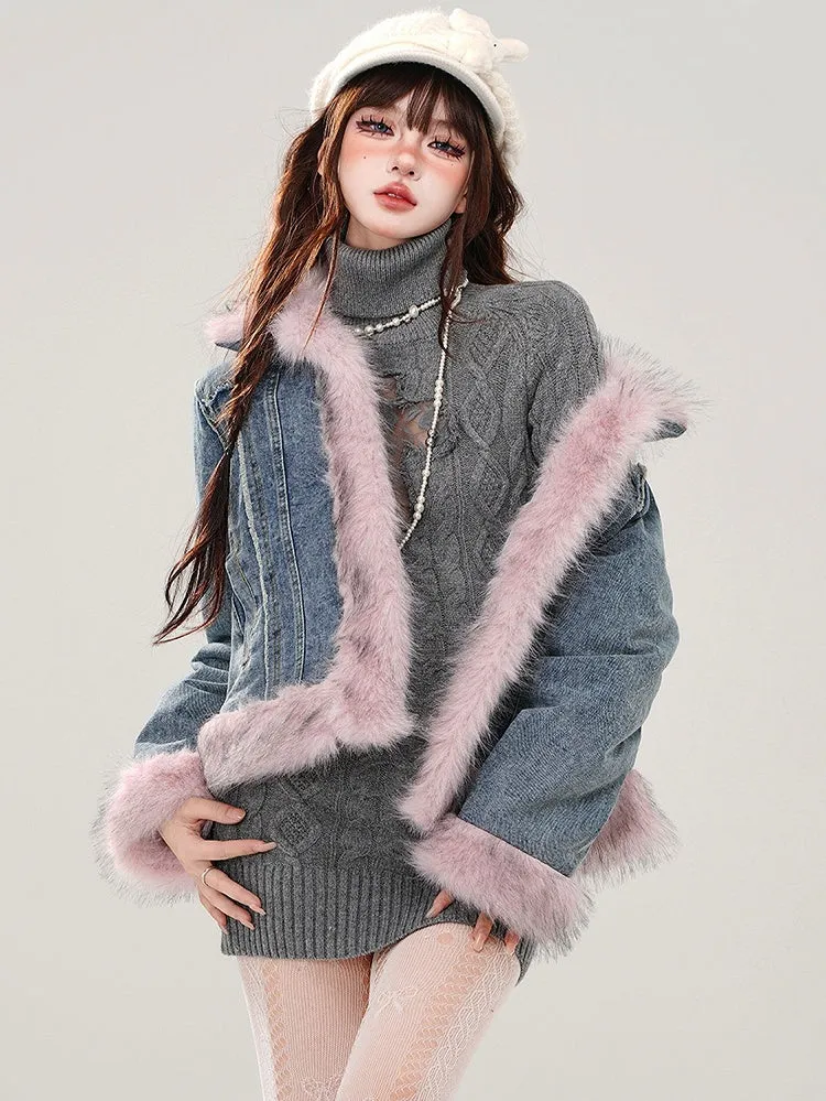 Blue Faux Fur Trim Thick Denim Jacket