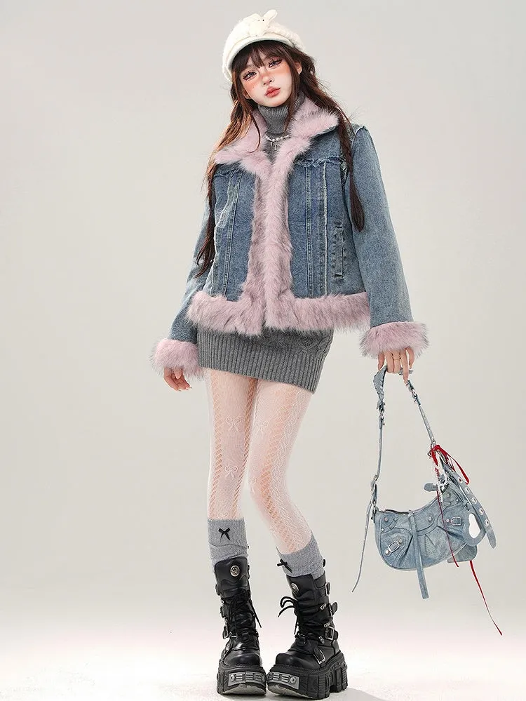 Blue Faux Fur Trim Thick Denim Jacket