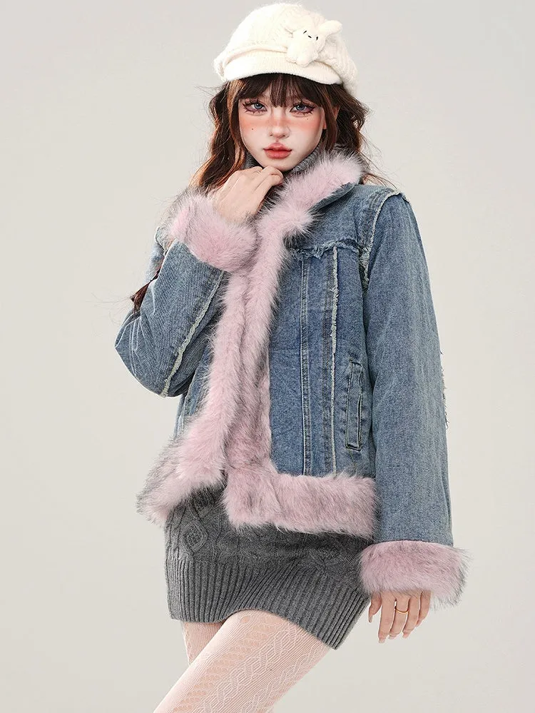 Blue Faux Fur Trim Thick Denim Jacket
