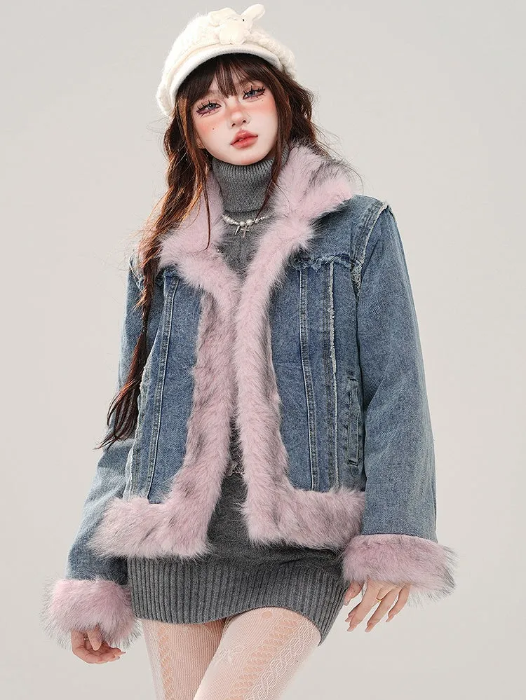 Blue Faux Fur Trim Thick Denim Jacket