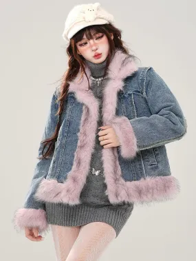 Blue Faux Fur Trim Thick Denim Jacket