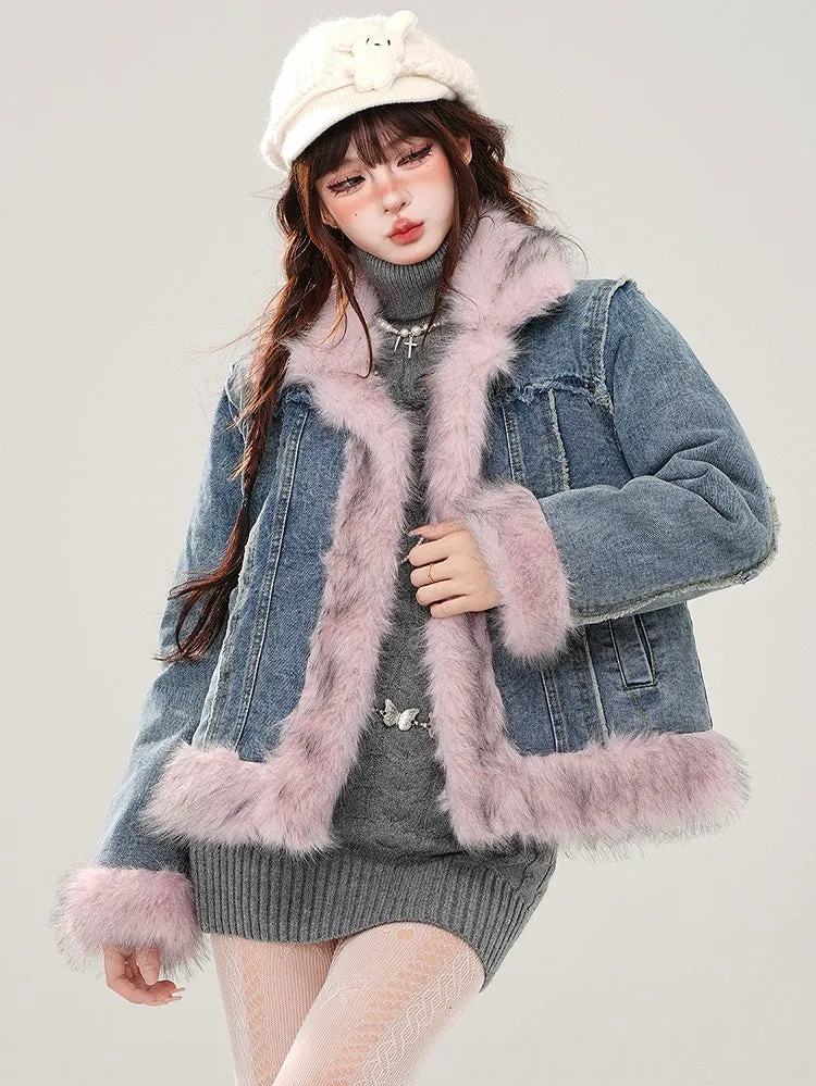Blue Faux Fur Trim Thick Denim Jacket