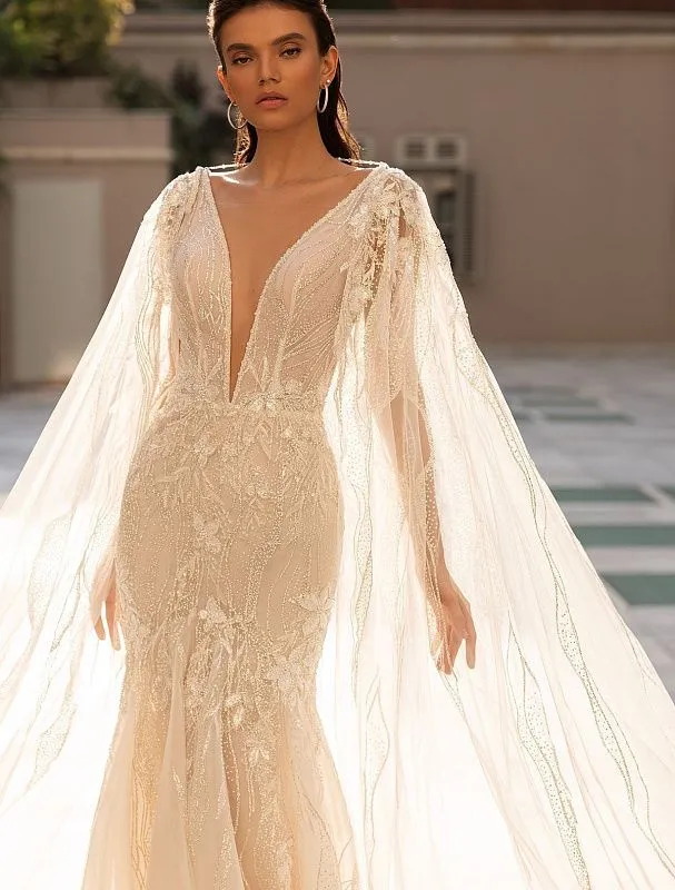 Boho Deep V Neck White Wedding Dress