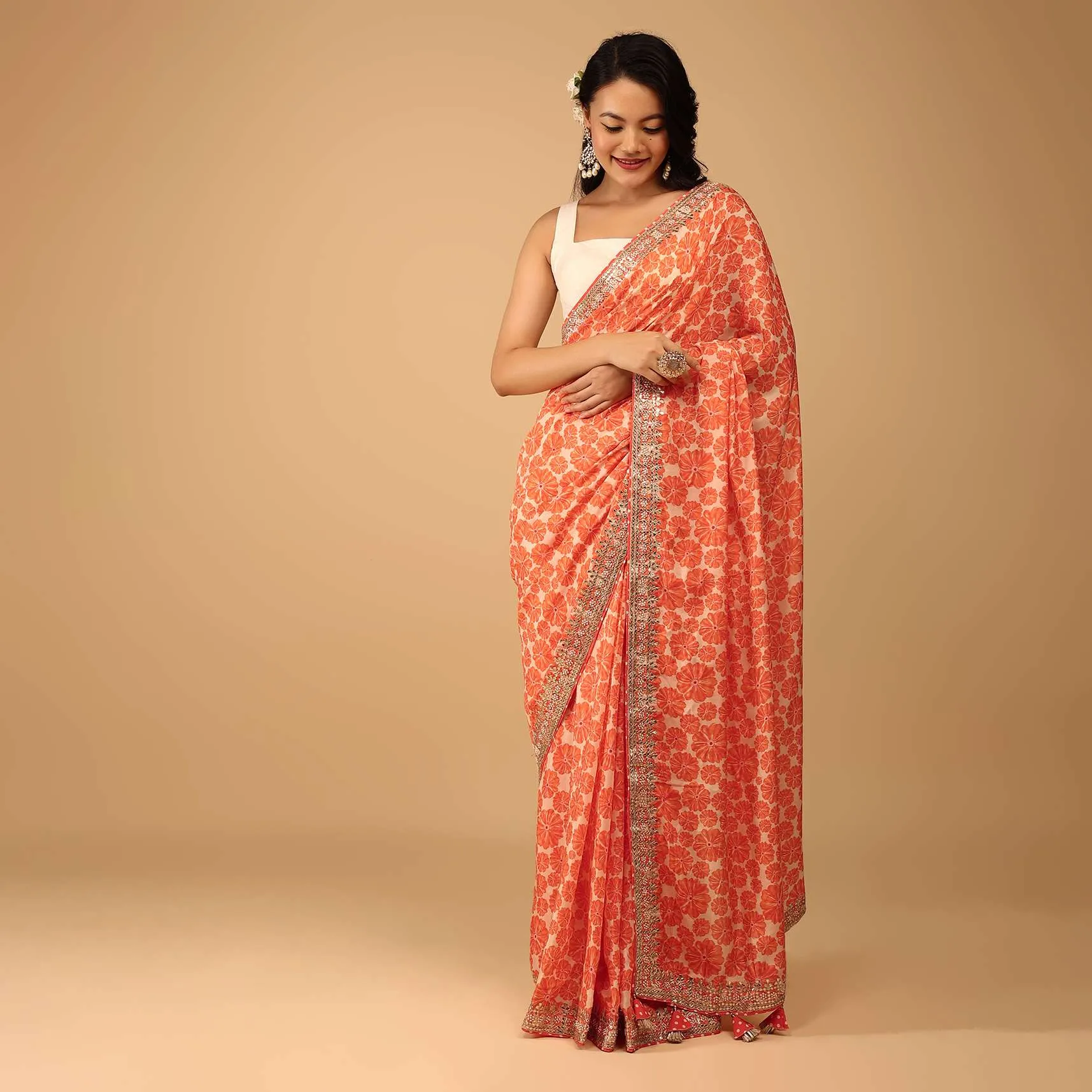 Carrot Orange Saree In Muslin With Floral Handblock Print And Embroidery