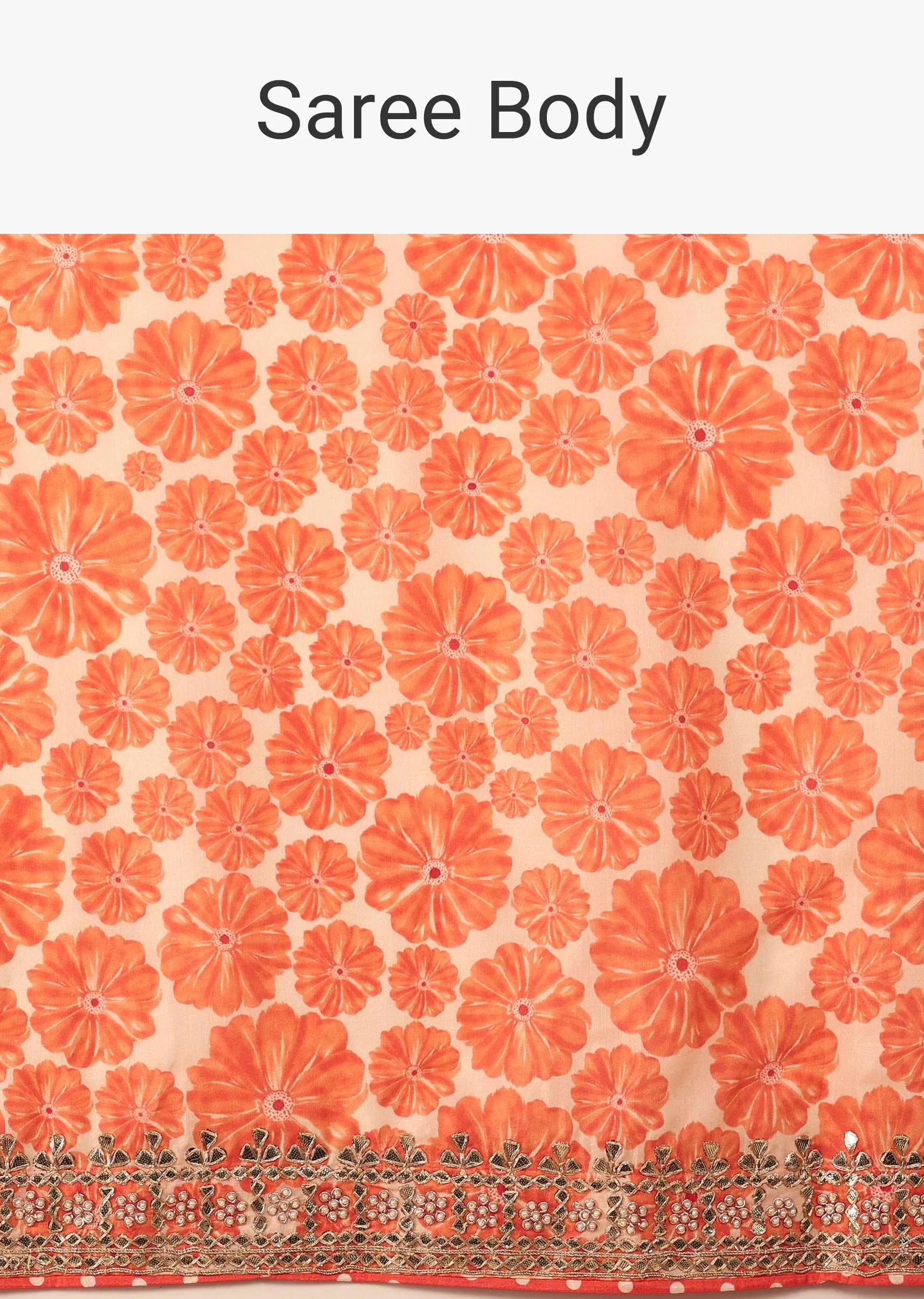 Carrot Orange Saree In Muslin With Floral Handblock Print And Embroidery