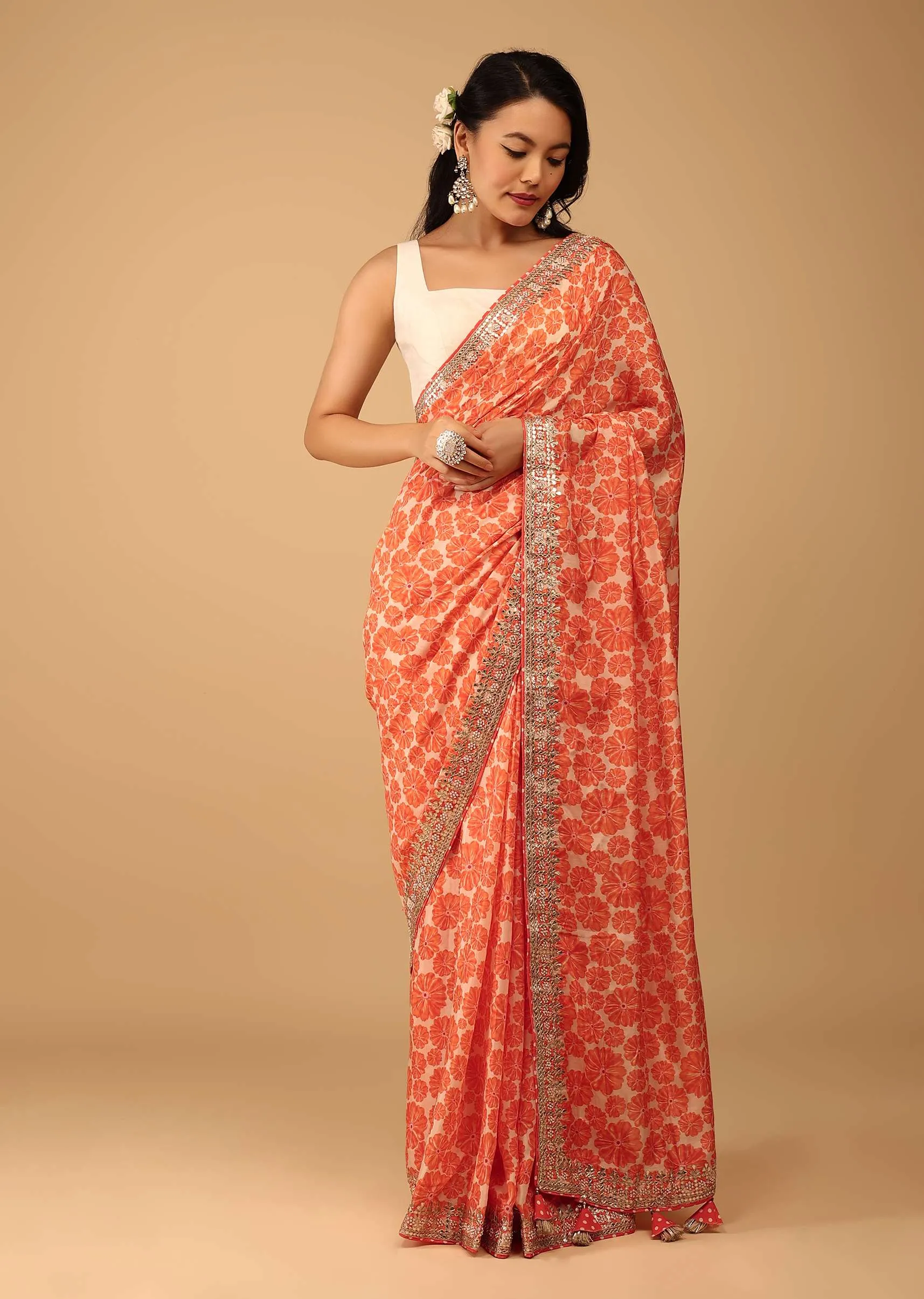 Carrot Orange Saree In Muslin With Floral Handblock Print And Embroidery