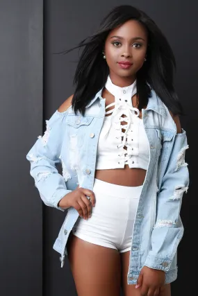 Cold Shoulder Distress Denim Jean Jacket