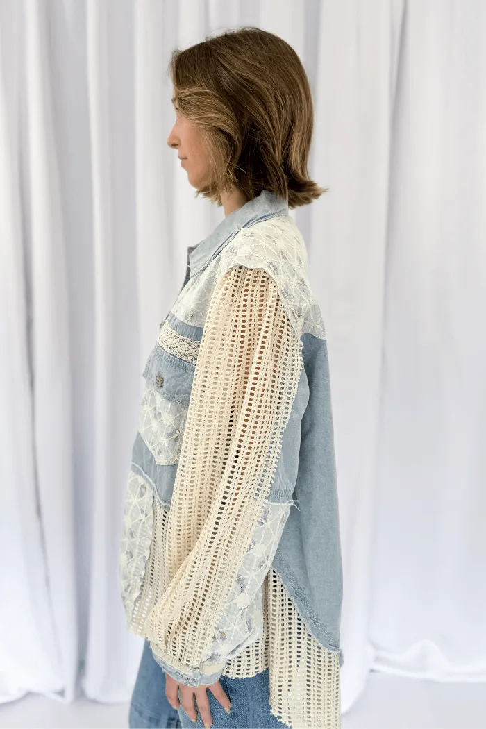 Crochet Sleeve Lace Detail Jacket in Denim