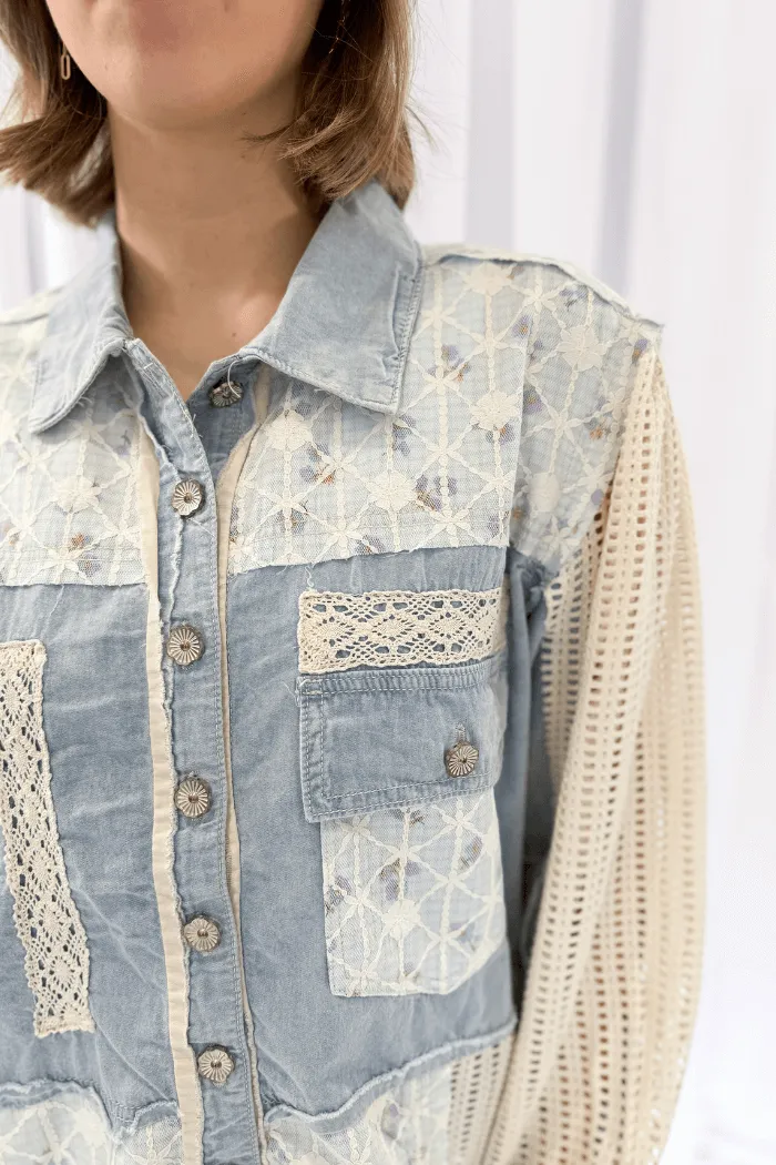 Crochet Sleeve Lace Detail Jacket in Denim