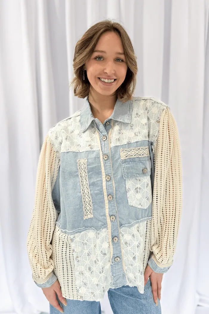 Crochet Sleeve Lace Detail Jacket in Denim