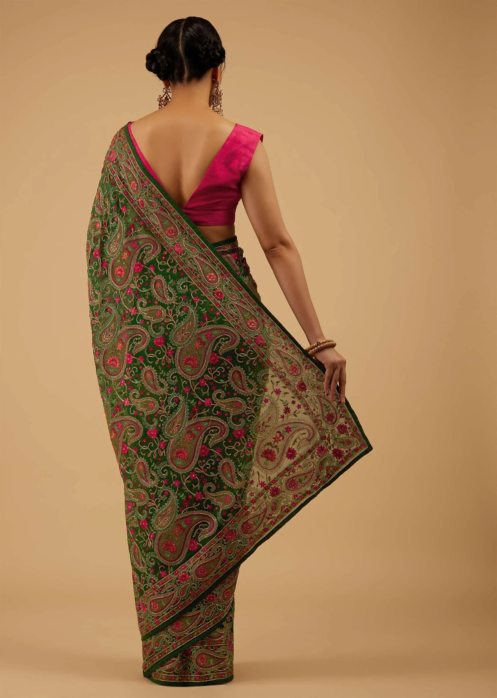 Deep Green Saree Kashmiri Embroidered In Georgette