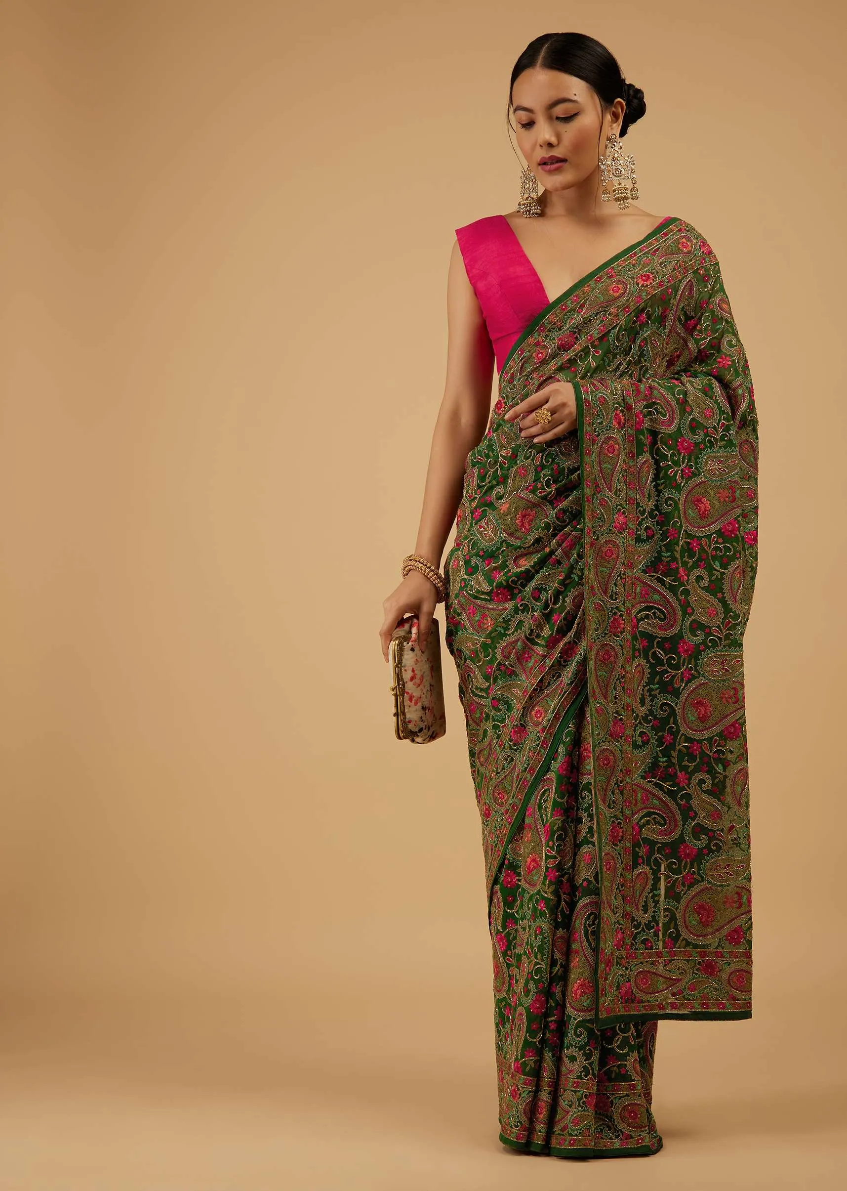 Deep Green Saree Kashmiri Embroidered In Georgette