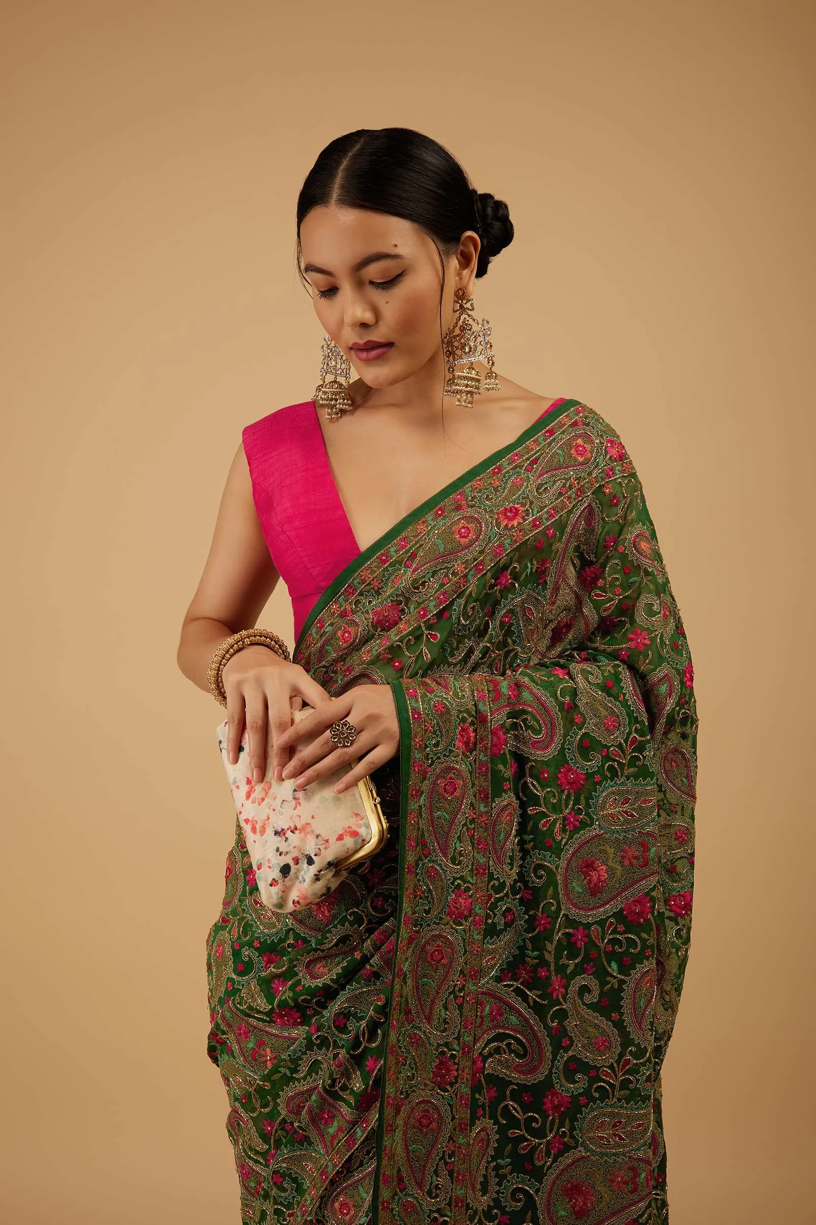 Deep Green Saree Kashmiri Embroidered In Georgette