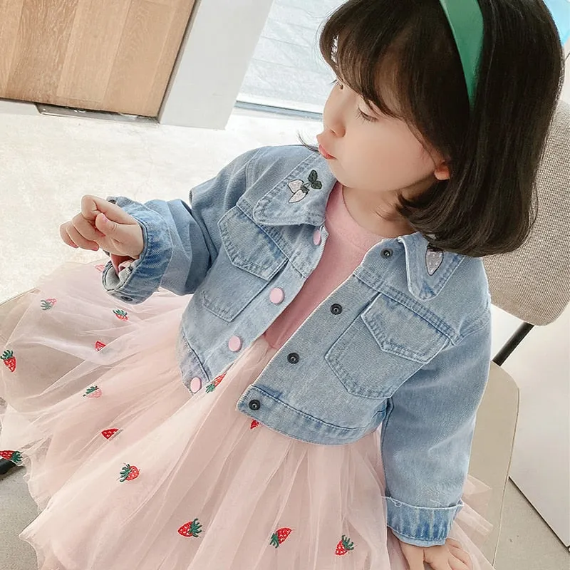 Fashion 0-4yrs Baby dress for girl denim jacket   gauze dress spring autumn fashionable fluffy princess dress