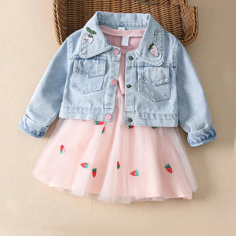 Fashion 0-4yrs Baby dress for girl denim jacket   gauze dress spring autumn fashionable fluffy princess dress