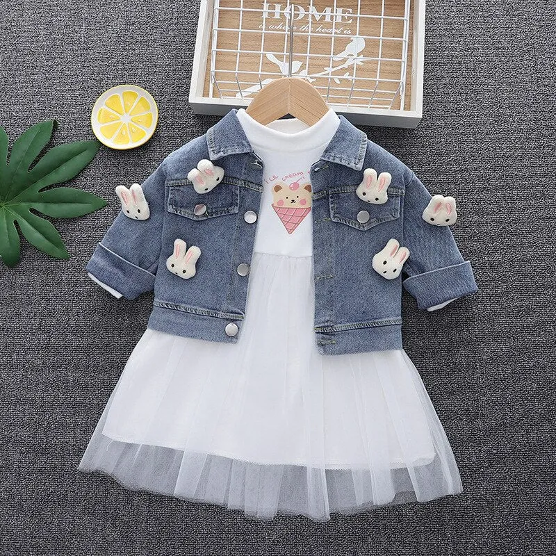 Fashion 0-4yrs Baby dress for girl denim jacket   gauze dress spring autumn fashionable fluffy princess dress