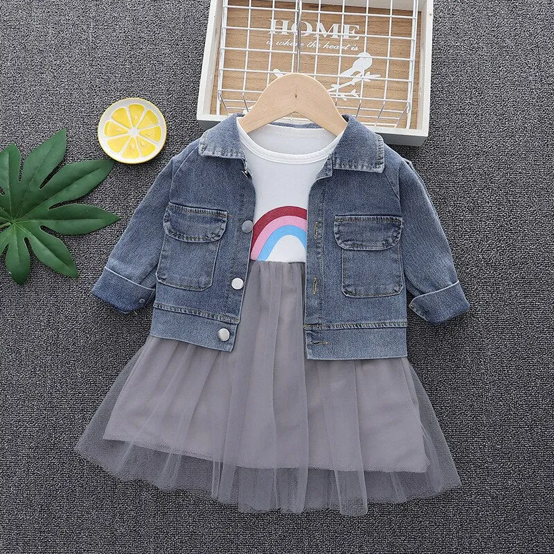 Fashion 0-4yrs Baby dress for girl denim jacket   gauze dress spring autumn fashionable fluffy princess dress