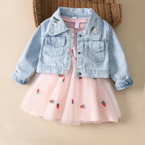 Fashion 0-4yrs Baby dress for girl denim jacket   gauze dress spring autumn fashionable fluffy princess dress