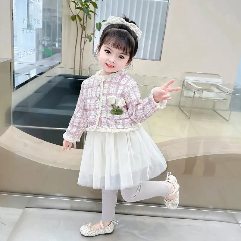 Fashion 0-4yrs Baby dress for girl denim jacket   gauze dress spring autumn fashionable fluffy princess dress