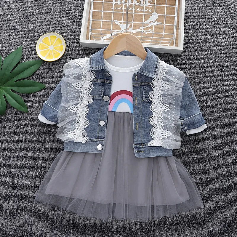 Fashion 0-4yrs Baby dress for girl denim jacket   gauze dress spring autumn fashionable fluffy princess dress