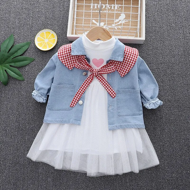 Fashion 0-4yrs Baby dress for girl denim jacket   gauze dress spring autumn fashionable fluffy princess dress