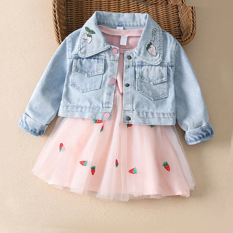 Fashion 0-4yrs Baby dress for girl denim jacket   gauze dress spring autumn fashionable fluffy princess dress