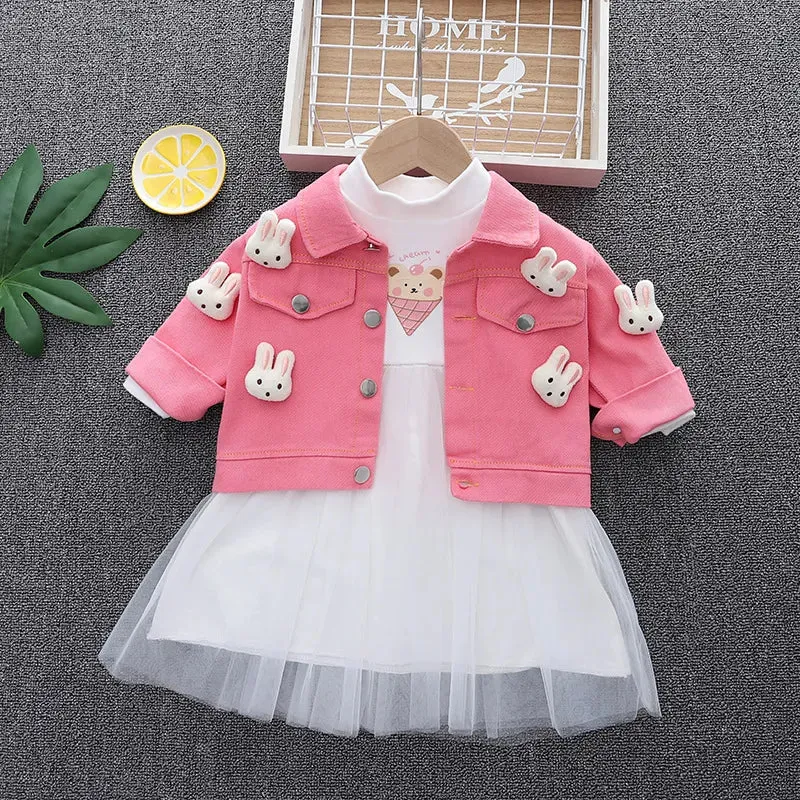Fashion 0-4yrs Baby dress for girl denim jacket   gauze dress spring autumn fashionable fluffy princess dress