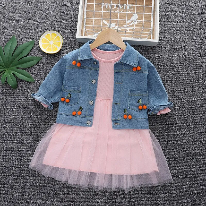 Fashion 0-4yrs Baby dress for girl denim jacket   gauze dress spring autumn fashionable fluffy princess dress