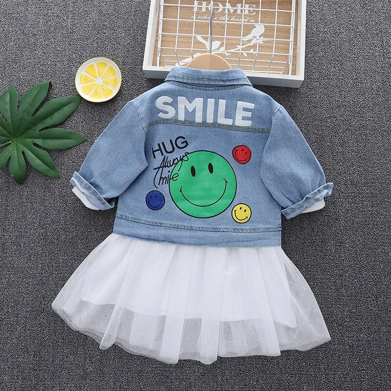 Fashion 0-4yrs Baby dress for girl denim jacket   gauze dress spring autumn fashionable fluffy princess dress