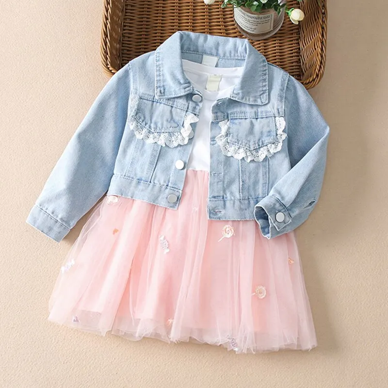 Fashion 0-4yrs Baby dress for girl denim jacket   gauze dress spring autumn fashionable fluffy princess dress