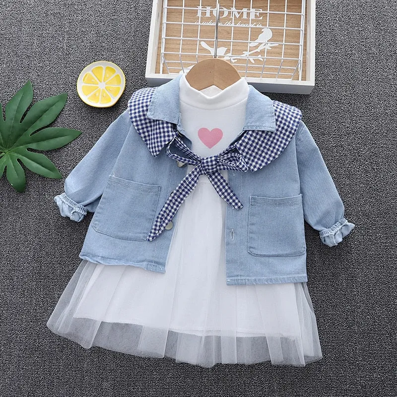 Fashion 0-4yrs Baby dress for girl denim jacket   gauze dress spring autumn fashionable fluffy princess dress