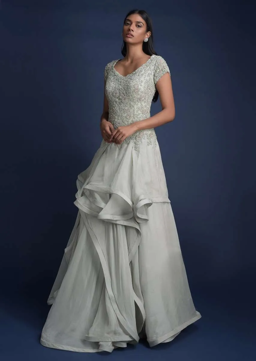 Fog Grey Indowestern Gown In Organza With Asymmetric Cut Layers Online - Kalki Fashion