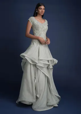 Fog Grey Indowestern Gown In Organza With Asymmetric Cut Layers Online - Kalki Fashion