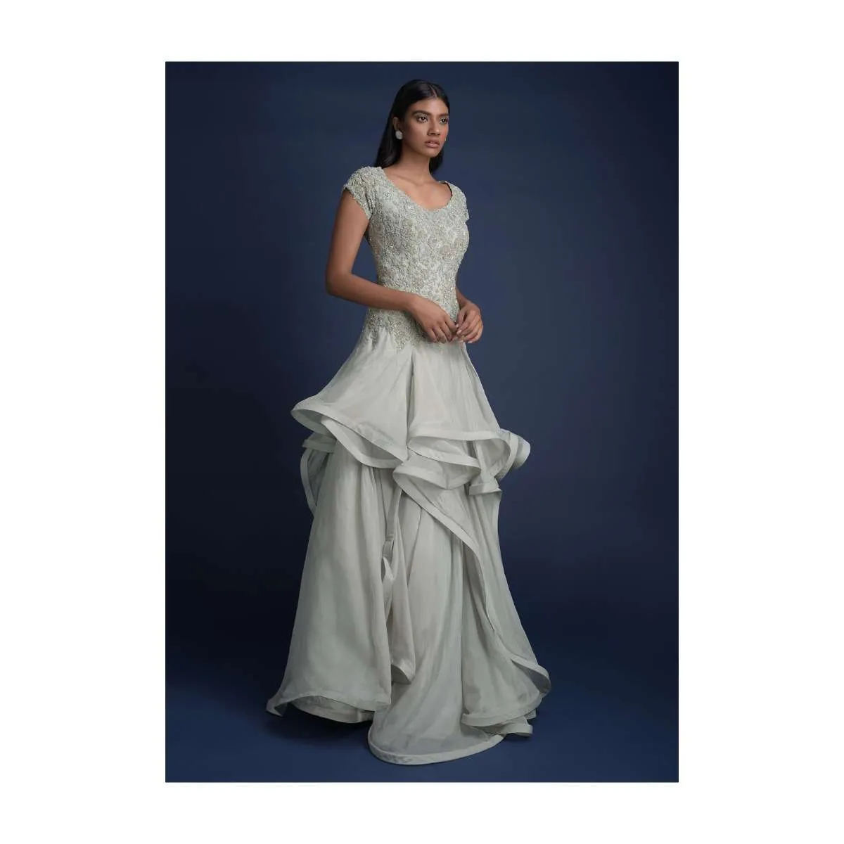 Fog Grey Indowestern Gown In Organza With Asymmetric Cut Layers Online - Kalki Fashion