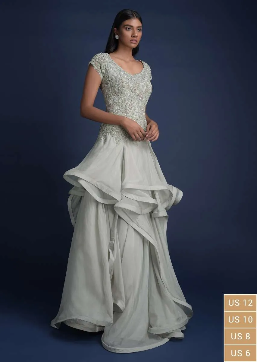 Fog Grey Indowestern Gown In Organza With Asymmetric Cut Layers Online - Kalki Fashion