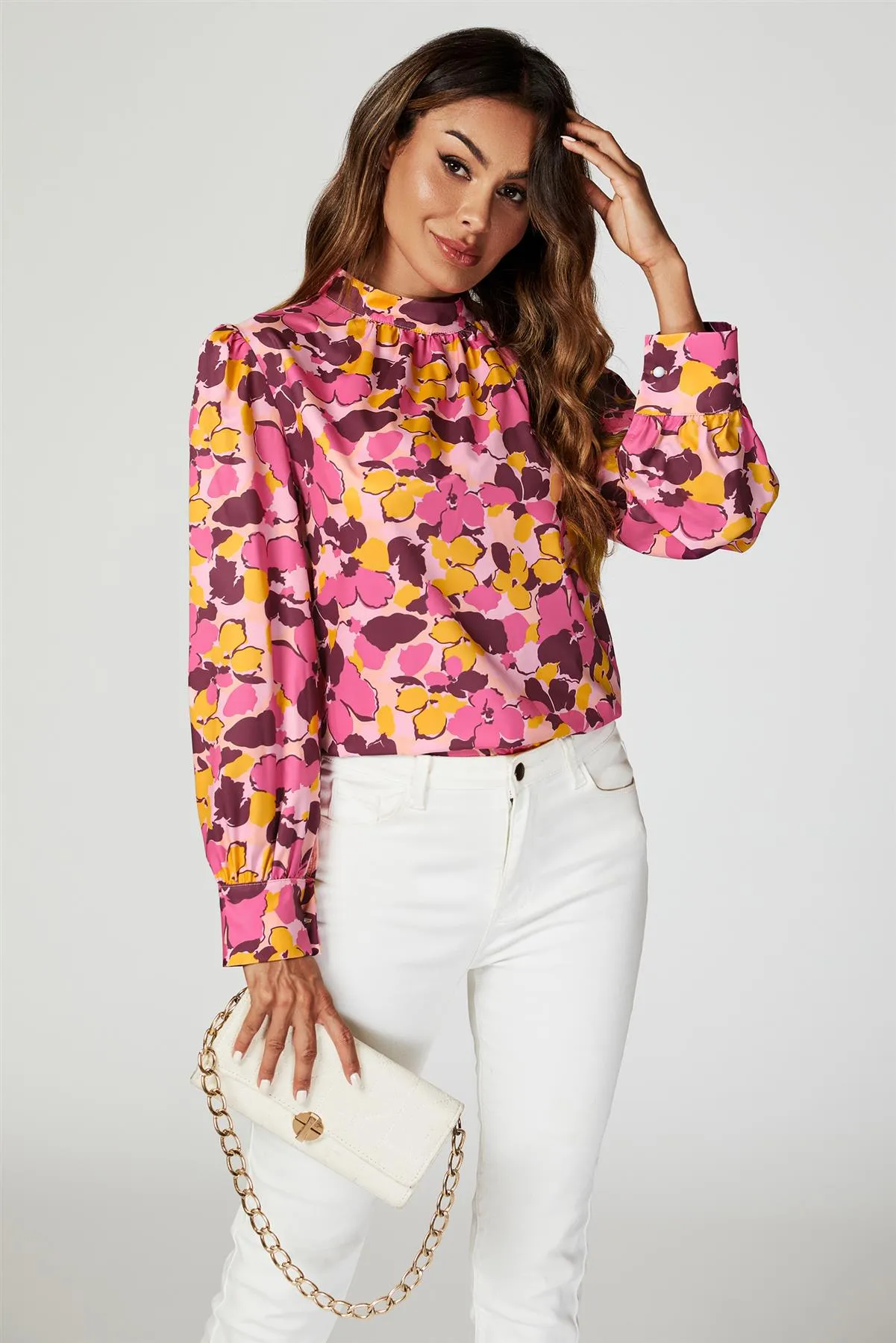 FS Collection Floral Print Long Sleeve High Neck Top In Pink