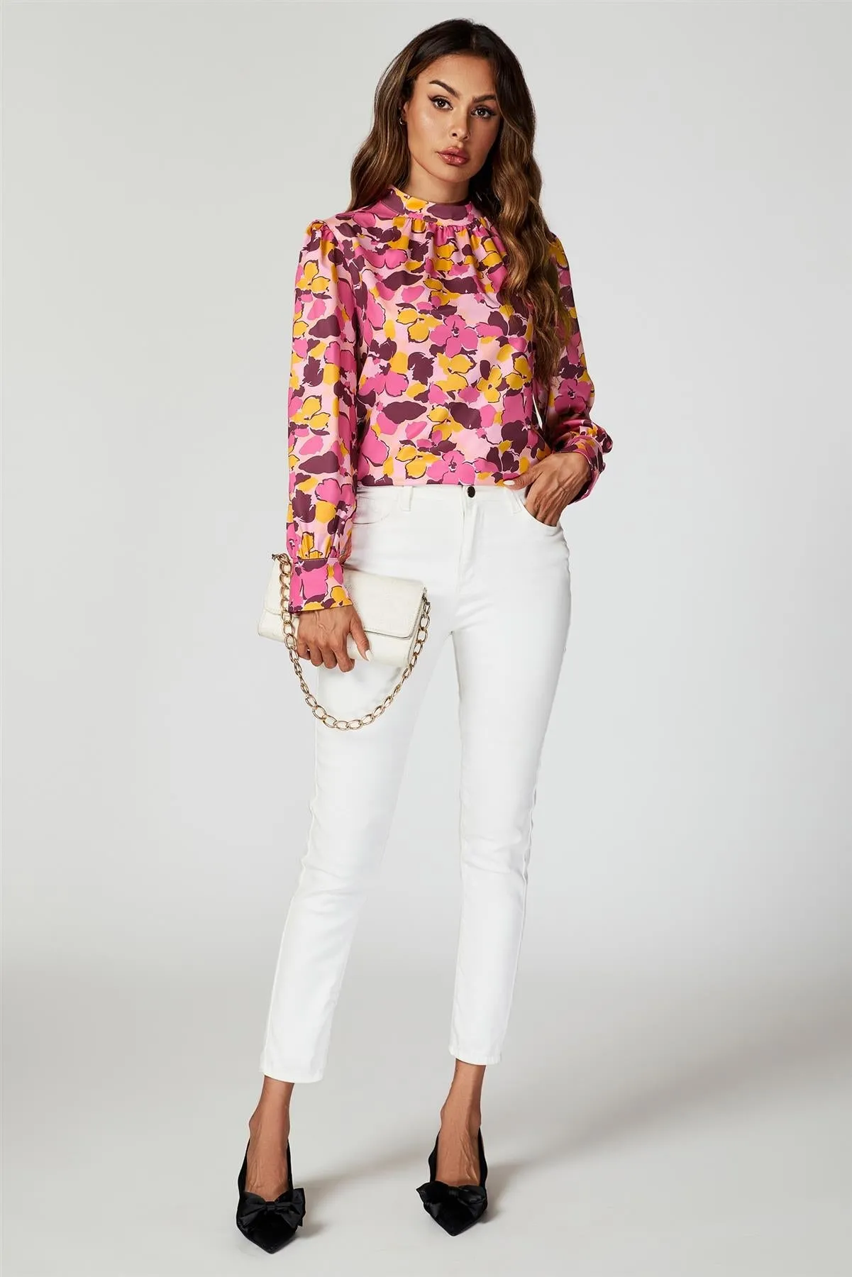 FS Collection Floral Print Long Sleeve High Neck Top In Pink