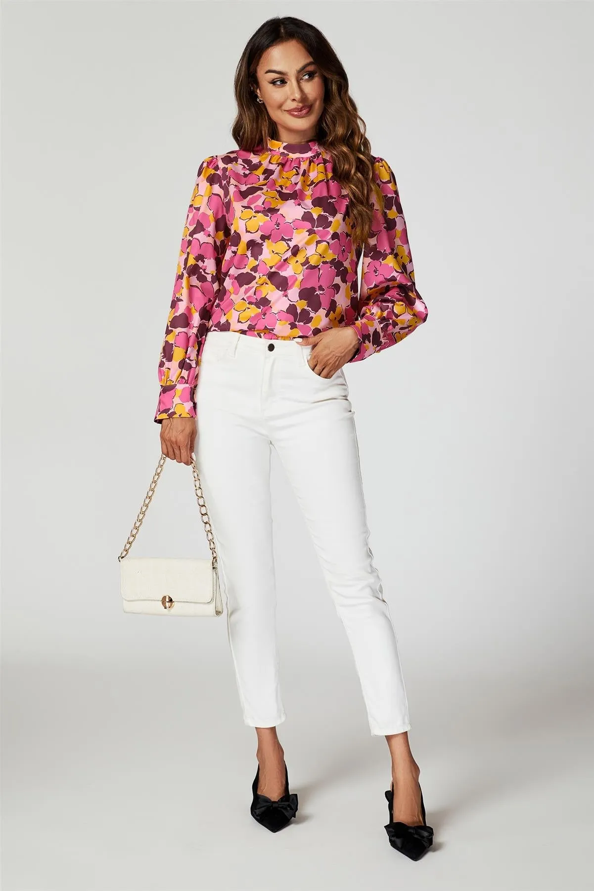 FS Collection Floral Print Long Sleeve High Neck Top In Pink