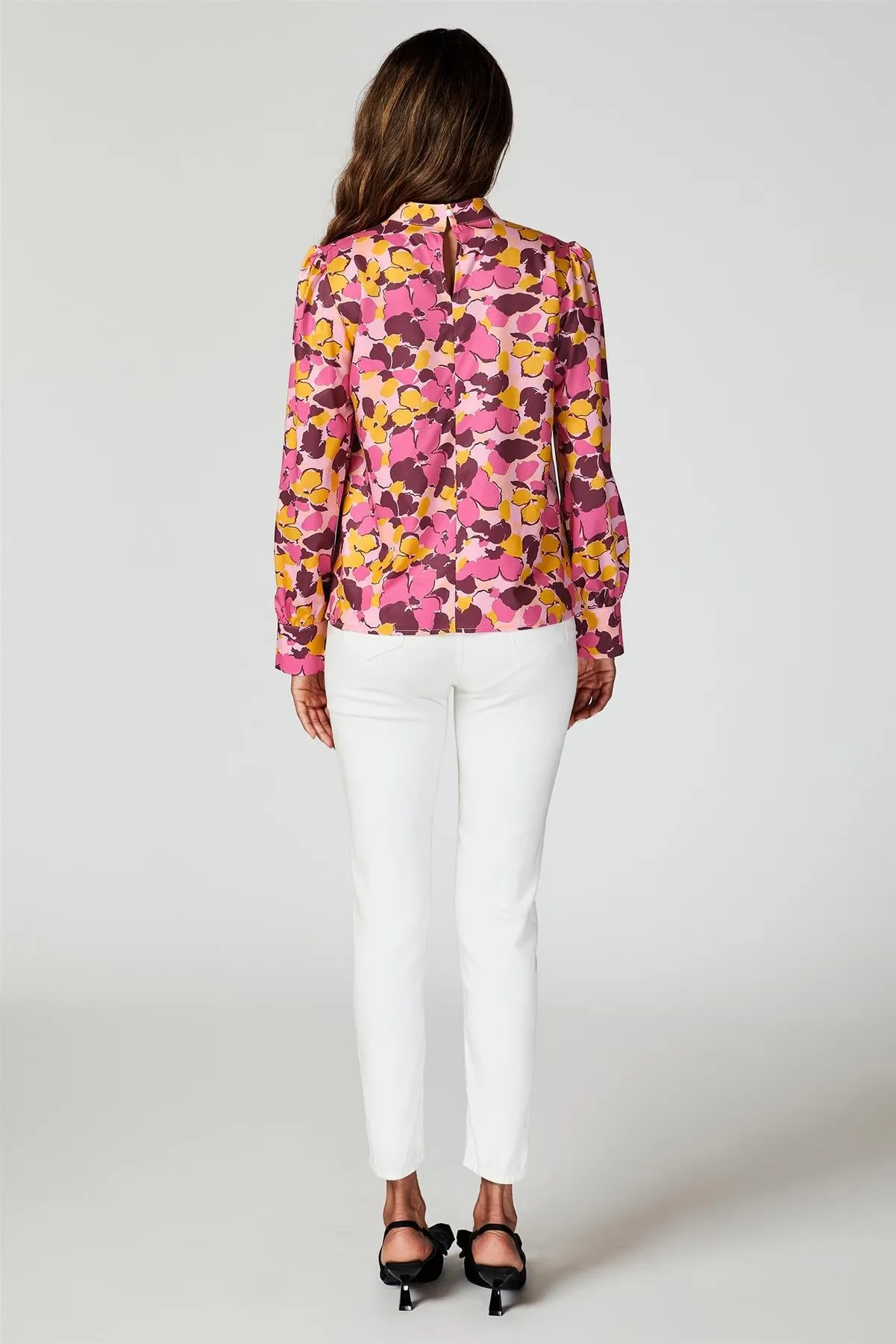 FS Collection Floral Print Long Sleeve High Neck Top In Pink