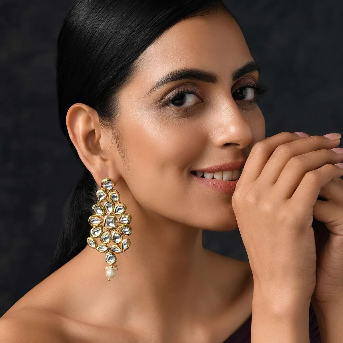 Gold Plated Earrings Studded With Kundan In Royal Ethnic Floral Motif By Paisley Pop