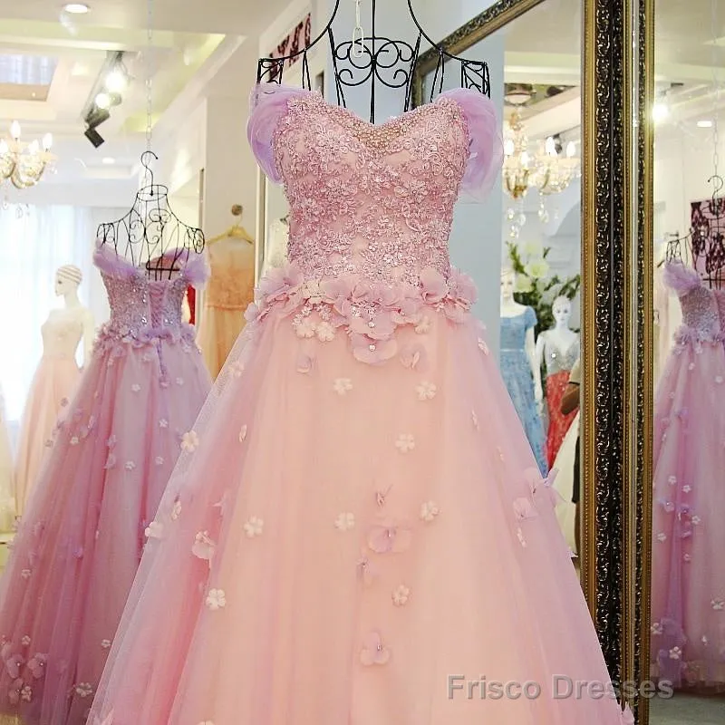 Gorgeous Pink Flowers Off Shoulder Party Dress, Pink Formal Dress Ball Gown Formal Dress