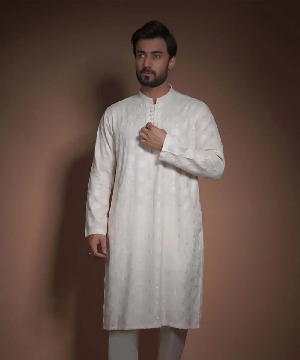 Ivory Floral Rawsilk Kurta Pyjama set