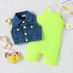 Neon Solid Rib-knit Romper   Denim Vest